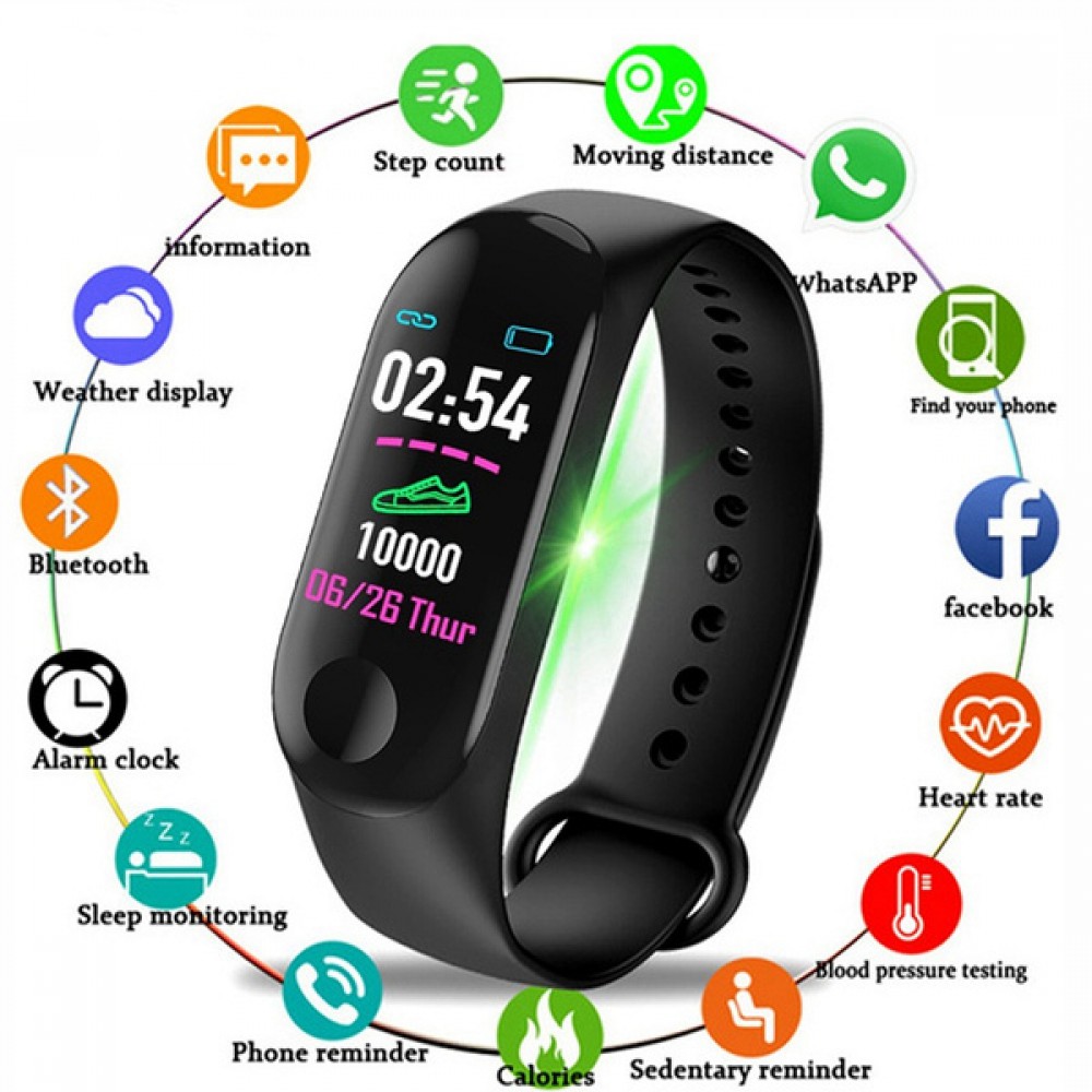 LED Dijital Saat / M3 Smartband Fitness Tracker Akıllı Bilezik Kan Basıncı Nabız Monitörü Su Geçirmez
